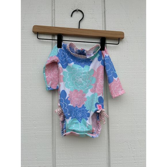 Ruffle‎ Butts Floral & Striped Detailing Baby Swimsuit, Diaper Snaps, Sz 3-5 Mos - Picture 1 of 5